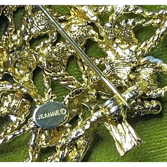 Vintage Christmas Tree Brooch Pin Jeanne Signed Gold Rope Rhinestone MCM 50s - Picture 4 of 9
